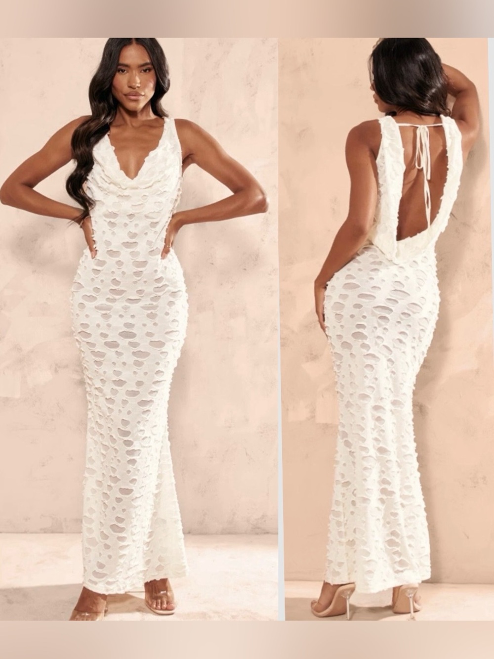 PrettyLittleThing Ivory Textured Open Back Maxi Dress S 4 Wedding Guest Sexy